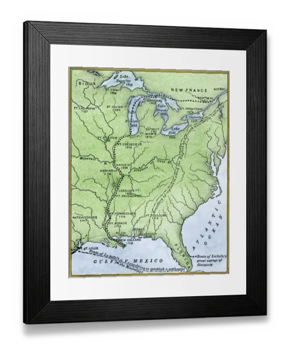 Framed Print : Map showing the route of La Salles explorations in North America Framed Print : Map showing the route of La Salles explorations in North America