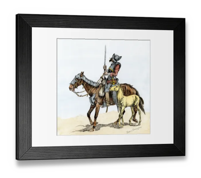 Framed Print : Spanish conquistador on a horse with foal - the origin of the horse in colonial Framed Print : Spanish conquistador on a horse with foal - the origin of the horse in colonial