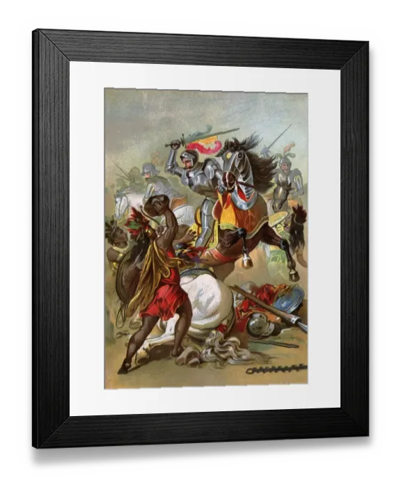 Framed Print : Hernando Cortes loses two horses in battle with Tlaxcalan natives in conquering Framed Print : Hernando Cortes loses two horses in battle with Tlaxcalan natives in conquering