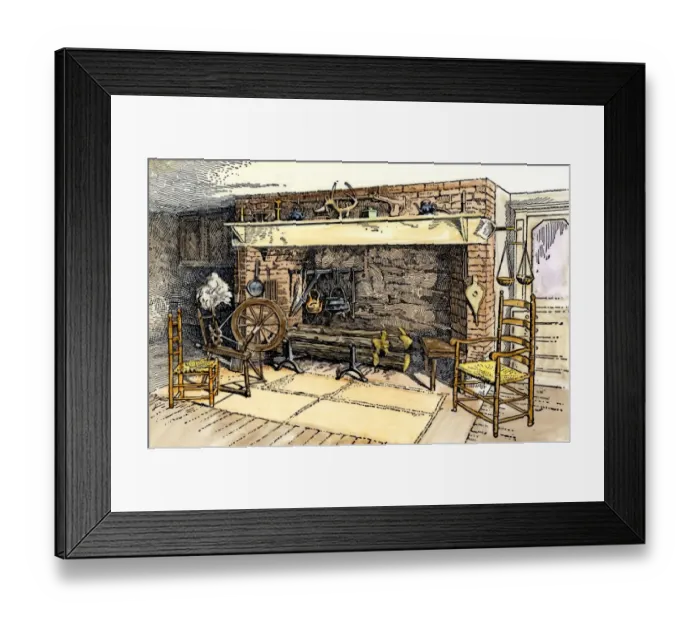 Framed Print : Spinning-wheel beside a colonial kitchen fireplace Framed Print : Spinning-wheel beside a colonial kitchen fireplace