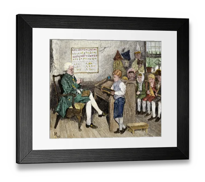 Framed Print : Reading lesson in a Pennsylvania classroom, 1700s Framed Print : Reading lesson in a Pennsylvania classroom, 1700s