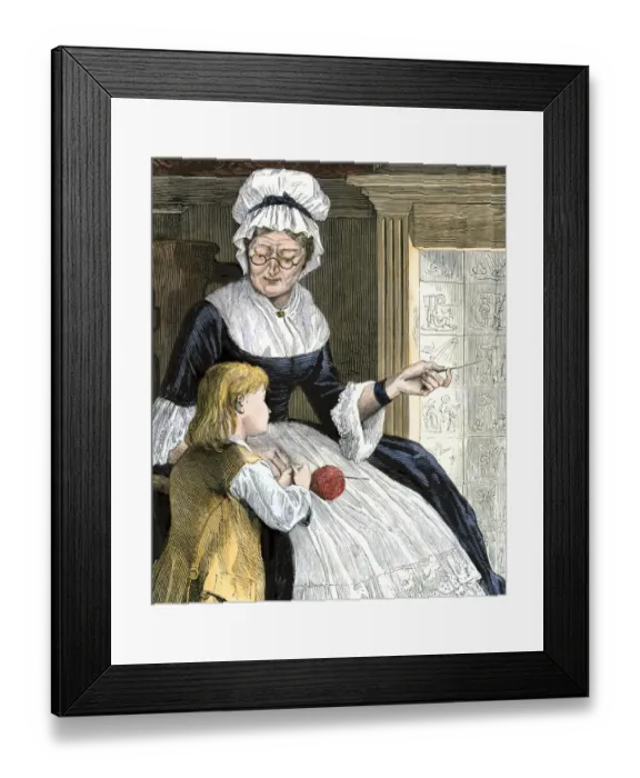 Framed Print : Colonial boy learning to read at home Framed Print : Colonial boy learning to read at home