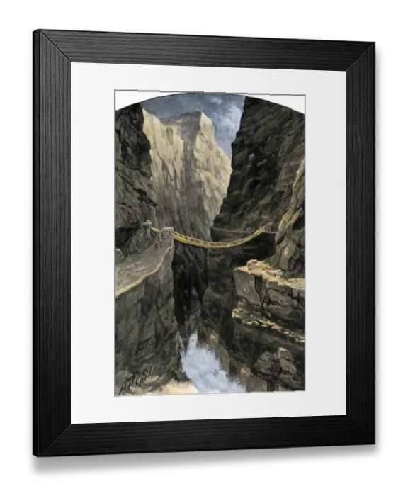 Framed Print : Inca hanging bridge over a gorge in the Andes Mountains Framed Print : Inca hanging bridge over a gorge in the Andes Mountains