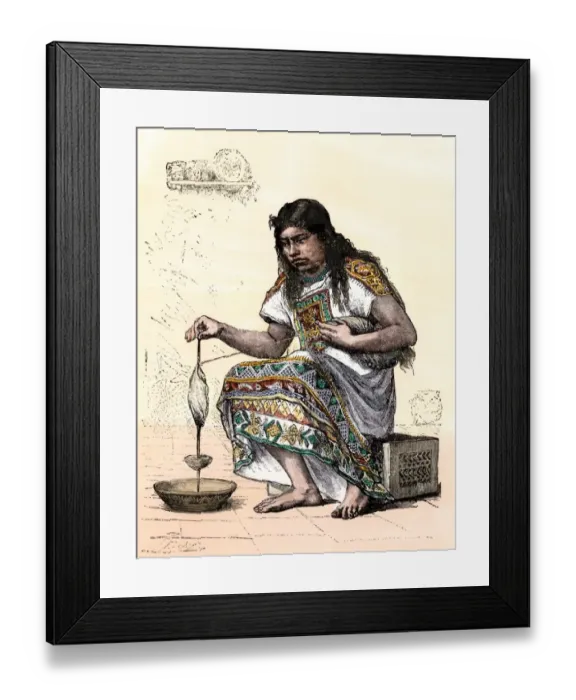 Framed Print : Native woman spinning cotton in the ancient way