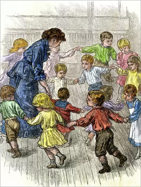 Kindergarten children playing a game, 1870s