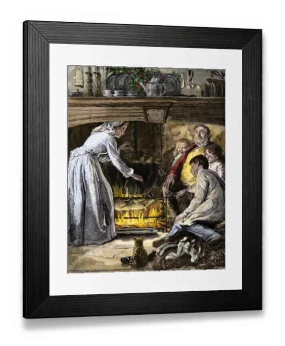 Framed Print : Family waiting for roast pig and a pot of food cooking for Christmas dinner Framed Print : Family waiting for roast pig and a pot of food cooking for Christmas dinner