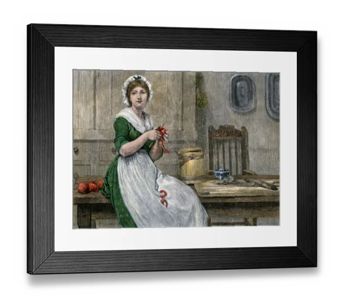 Framed Print : Farm woman paring apples to make dumplings Framed Print : Farm woman paring apples to make dumplings