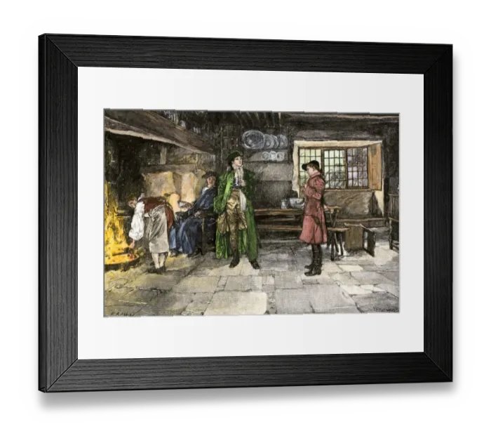 Framed Print : Wayfarers at an inn, 1700s Framed Print : Wayfarers at an inn, 1700s