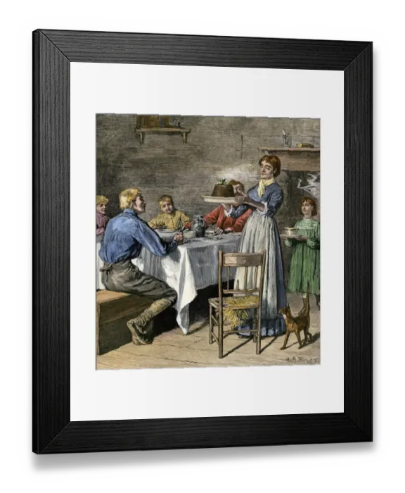 Framed Print : Plum pudding served for a frontier familys Christmas dinner Framed Print : Plum pudding served for a frontier familys Christmas dinner