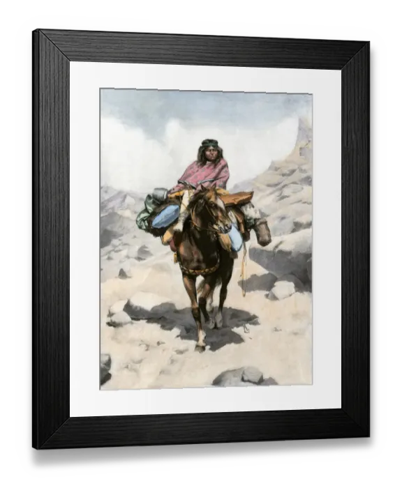 Framed Print : Patagonian woman traveling by horse