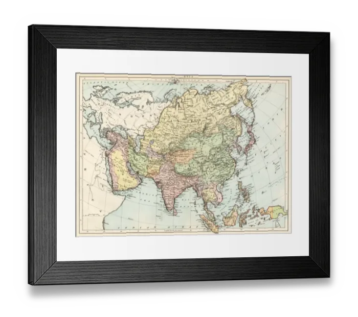 Framed Print : Map of Asia, circa 1870. Printed color lithograph Framed Print : Map of Asia, circa 1870. Printed color lithograph