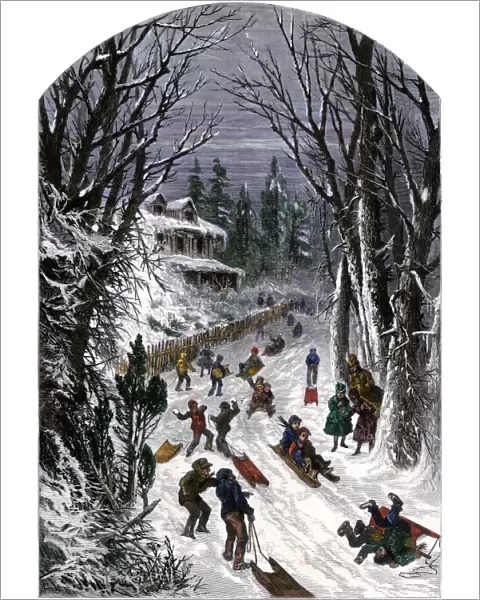 Children sledding after a snowstorm, 1800s