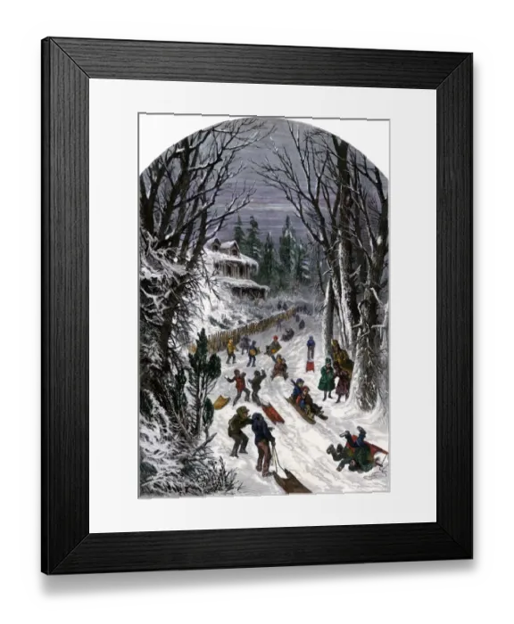 Framed Print : Children sledding after a snowstorm, 1800s Framed Print : Children sledding after a snowstorm, 1800s