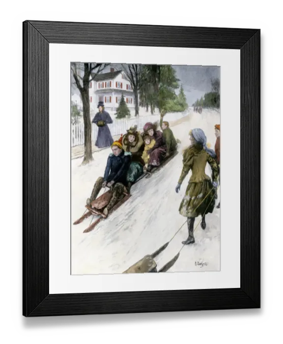 Framed Print : Coasting on double-runner sleds in New England Framed Print : Coasting on double-runner sleds in New England