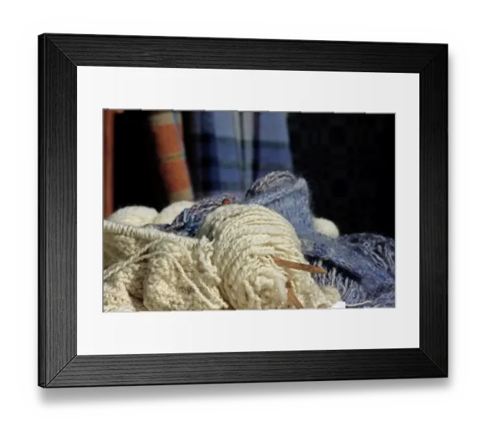 Framed Print : Knitting needles and handspun wool at a Yorktown reenactment
