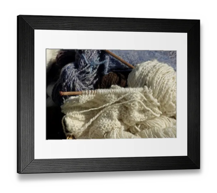 Framed Print : Knitting needles and handspun wool yarn at a Yorktown reenactment