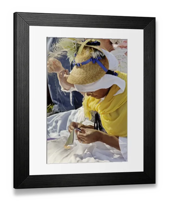 Framed Print : African-American woman reenactor in a sewing circle at Yorktown Framed Print : African-American woman reenactor in a sewing circle at Yorktown