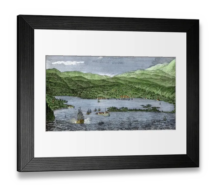 Framed Print : Sailing-ship firing on a fort in Jamaica during colonial times