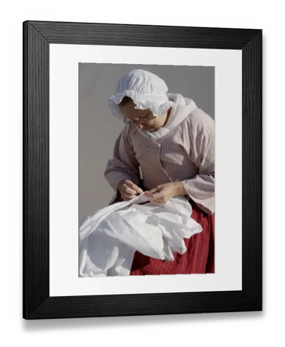 Framed Print : Woman reenactor sewing, Yorktown battlefield Framed Print : Woman reenactor sewing, Yorktown battlefield