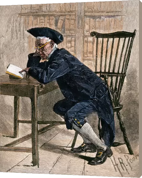 Philadelphia colonist reading in the old library, 1700s