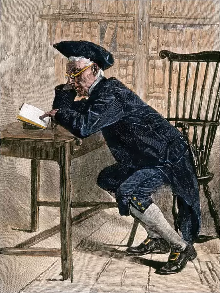 Philadelphia colonist reading in the old library, 1700s