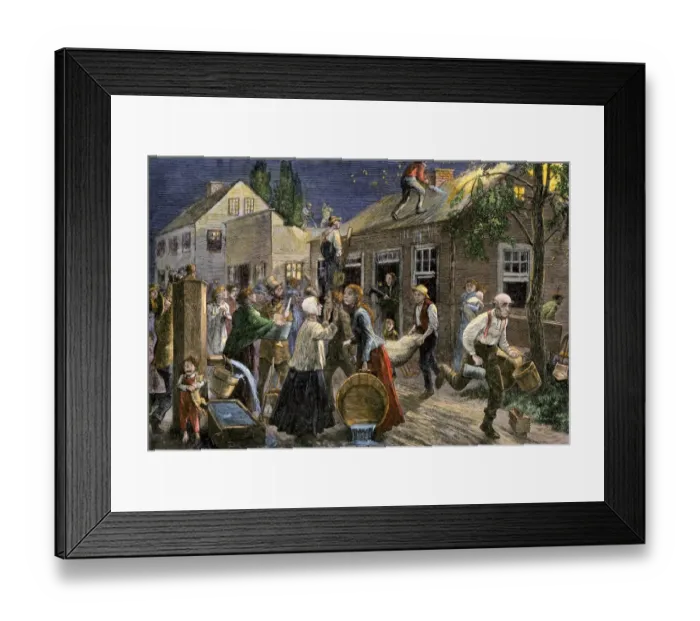 Framed Print : Fighting a fire with buckets in a frontier village