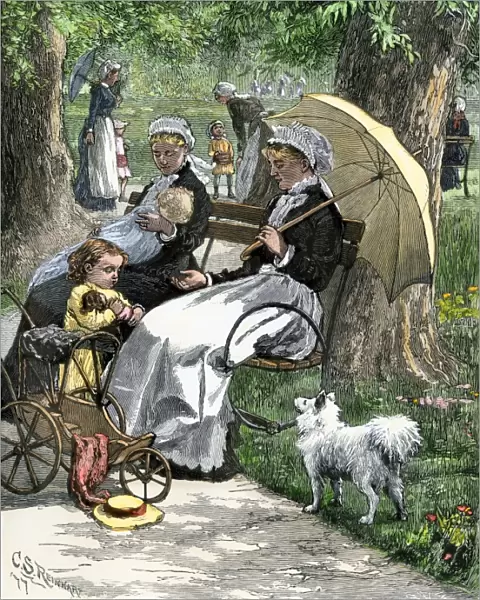 Governesses with children in a park, 1800s