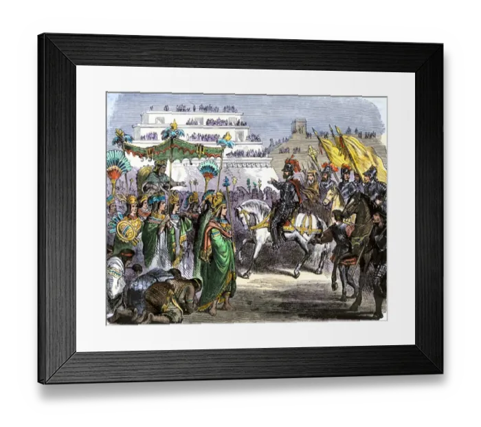 Framed Print : Hernando Cortes met by Toltec dignitaries on arriving in Teotihuacan with his Framed Print : Hernando Cortes met by Toltec dignitaries on arriving in Teotihuacan with his