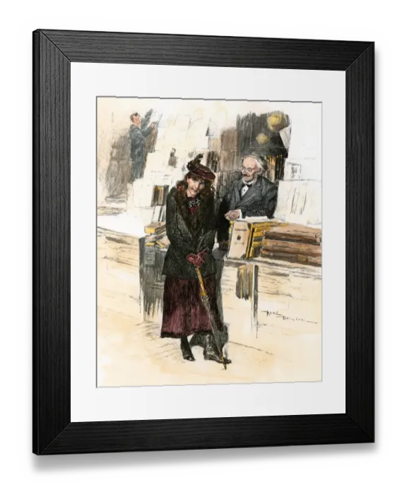 Framed Print : Secondhand bookstore, 1800s Framed Print : Secondhand bookstore, 1800s