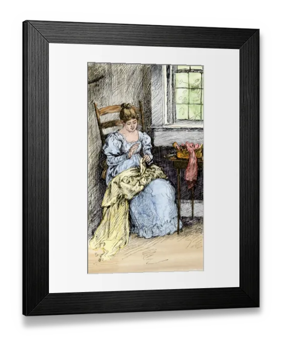 Framed Print : Women sewing at home by light from a window Framed Print : Women sewing at home by light from a window