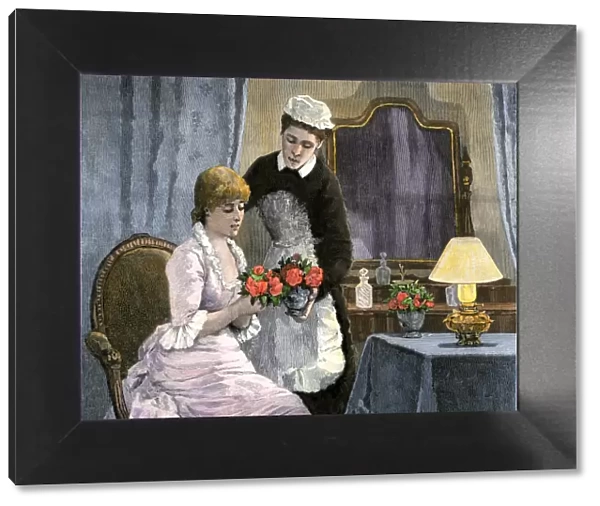 Victorian lady and her maid admiring a bouquet, 1800s