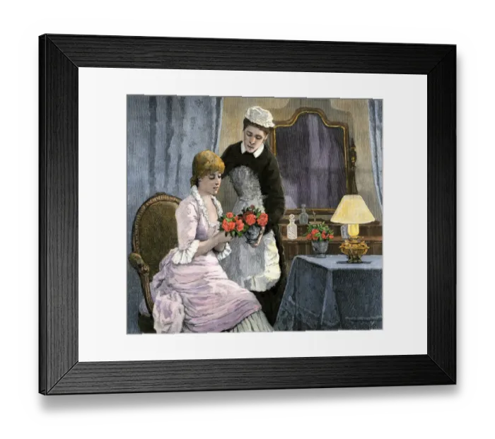 Framed Print : Victorian lady and her maid admiring a bouquet, 1800s Framed Print : Victorian lady and her maid admiring a bouquet, 1800s