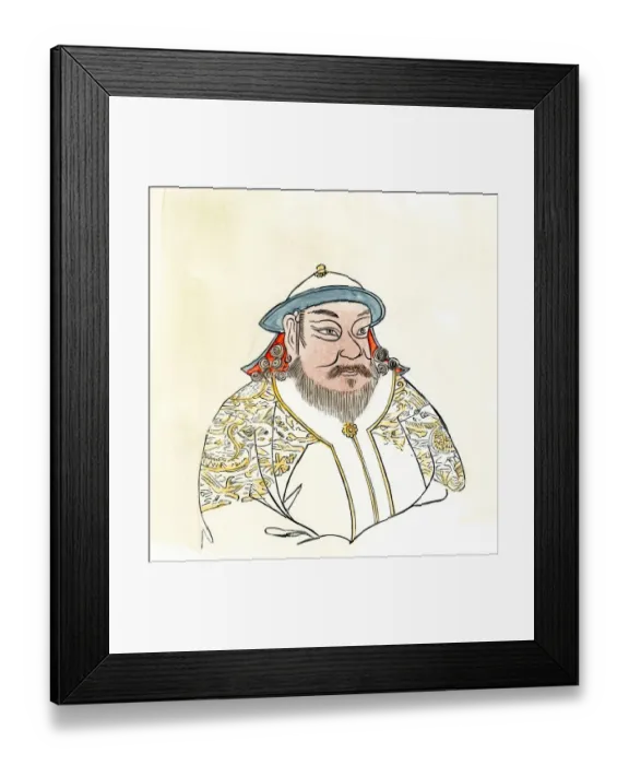 Framed Print : Kublai Khan. Hand-colored 19th-century engraving of a portrait Framed Print : Kublai Khan. Hand-colored 19th-century engraving of a portrait