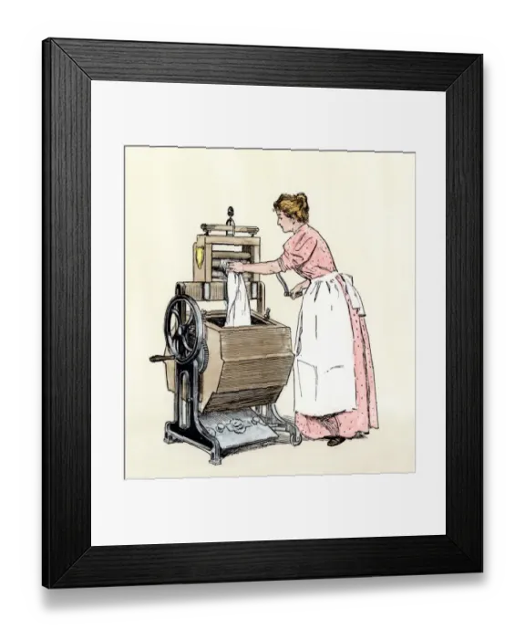 Framed Print : Woman using Bradfords Vowel washing-machine with the new