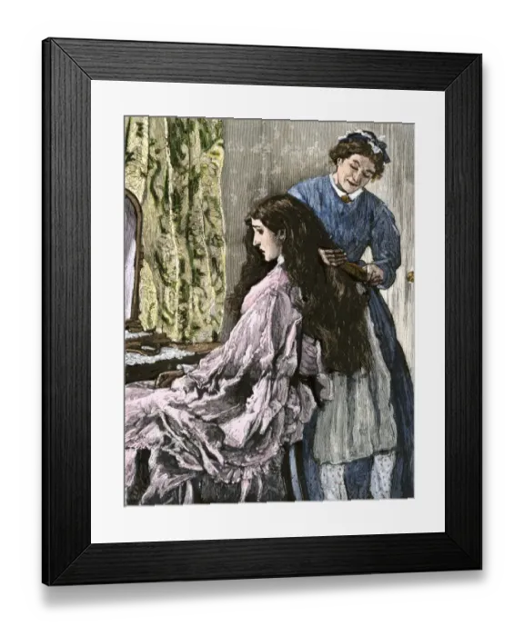Framed Print : Chambermaid arranging a young womens hair Framed Print : Chambermaid arranging a young womens hair