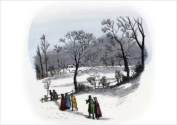 Rural Christmas gathering of neighbors, 1800s
