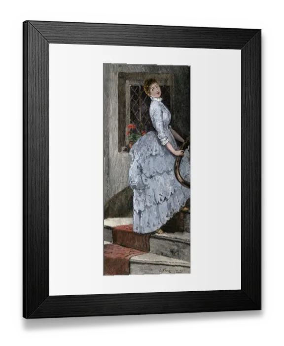 Framed Print : Woman on a staircase, 1800s Framed Print : Woman on a staircase, 1800s