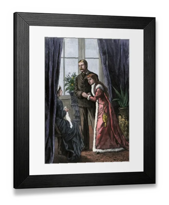 Framed Print : Couple asking permission to marry, 1800s Framed Print : Couple asking permission to marry, 1800s