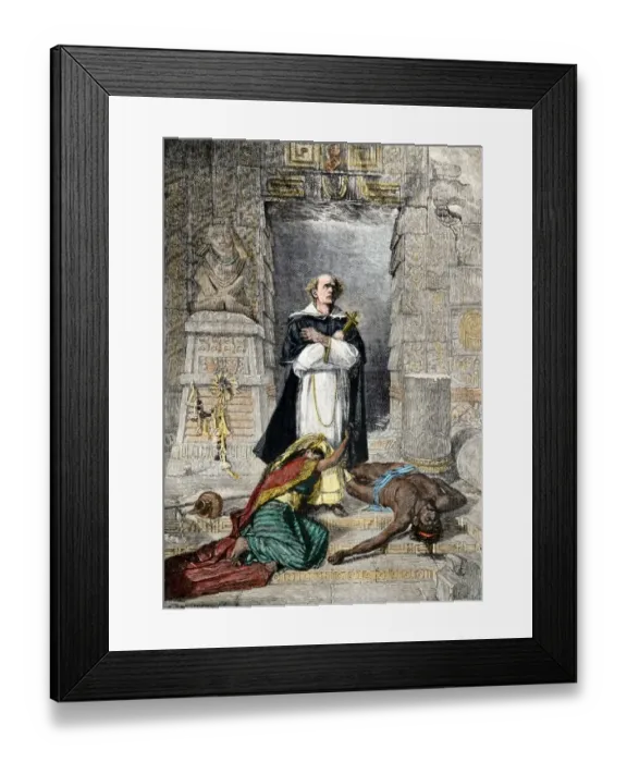 Framed Print : Bartolome de Las Casas protecting the Aztecs from Spanish conquerors