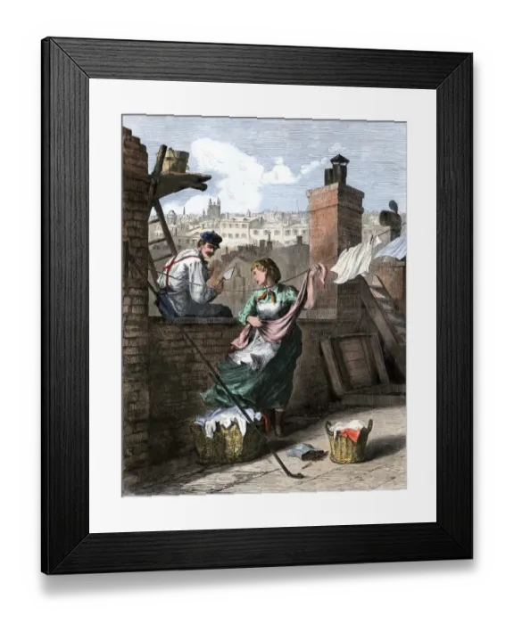 Framed Print : Romance on a city rooftop, 1800s Framed Print : Romance on a city rooftop, 1800s