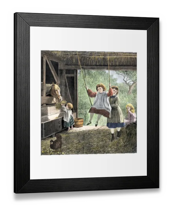Framed Print : Farm children playing in the barn on a bright May morning Hand-colored woodcut Framed Print : Farm children playing in the barn on a bright May morning Hand-colored woodcut