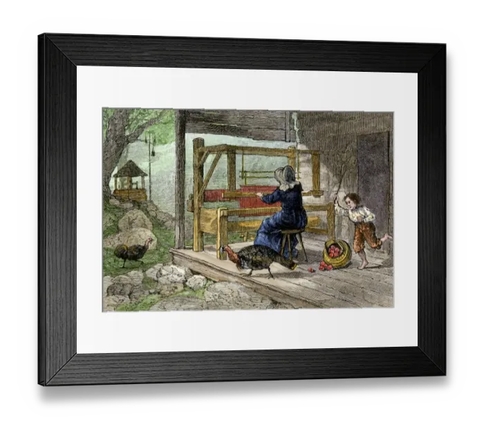 Framed Print : Woman weaving on the porch of her Appalachian cabin Framed Print : Woman weaving on the porch of her Appalachian cabin