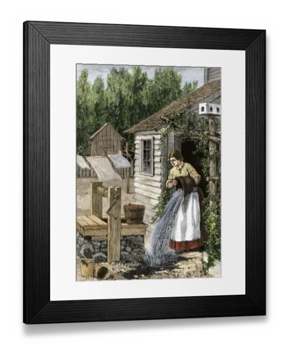 Framed Print : Woman in cottage doorway emptying a slop bucket near a well