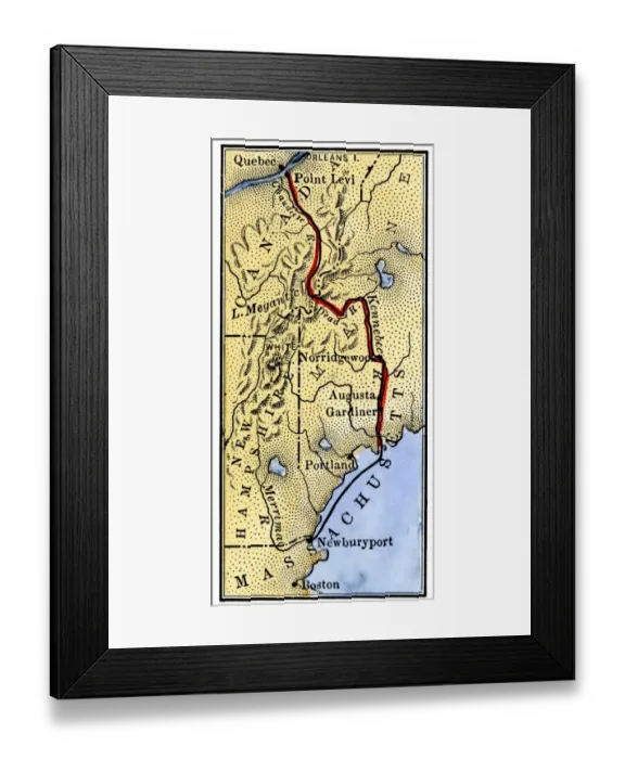 Framed Print : Map of Benedict Arnolds route to invade Quebec during the American Revolution Framed Print : Map of Benedict Arnolds route to invade Quebec during the American Revolution
