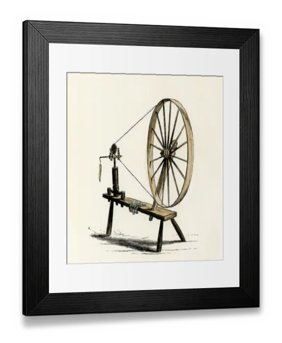 Framed Print : Colonial spinning wheel. Hand-colored woodcut of a 19th-century illustration