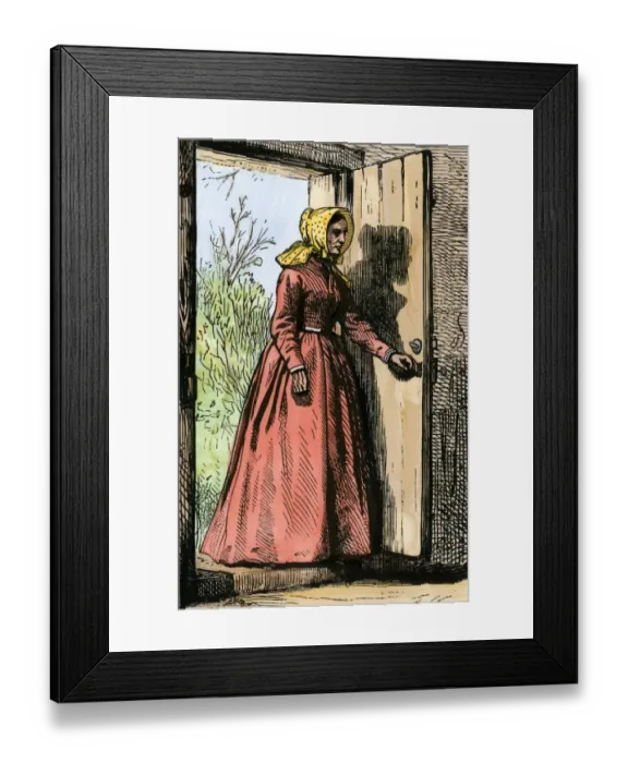 Framed Print : Woman entering a rural home, 1800s Framed Print : Woman entering a rural home, 1800s