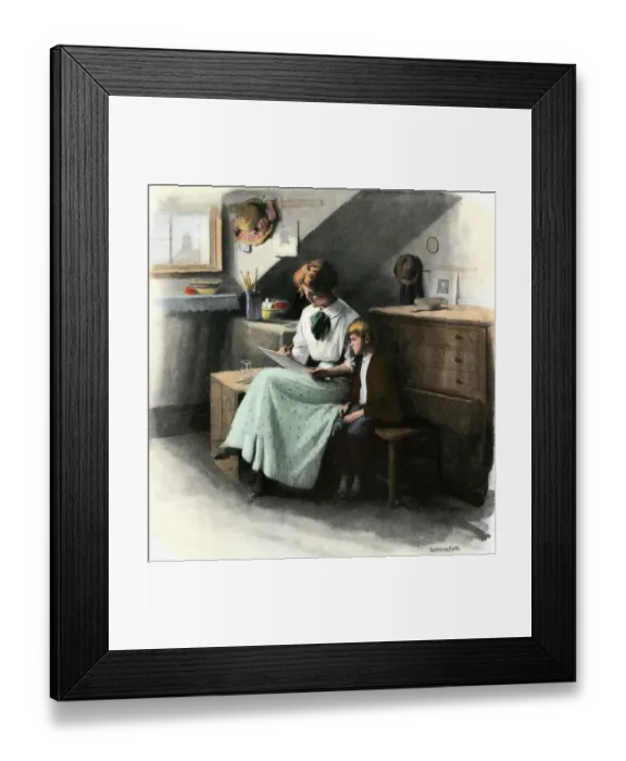 Framed Print : Boy learning at home, circa 1900 Framed Print : Boy learning at home, circa 1900