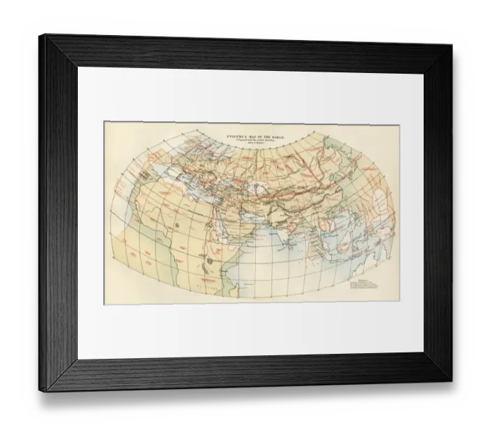 Framed Print : Ptolemys map of the world shown in red Framed Print : Ptolemys map of the world shown in red