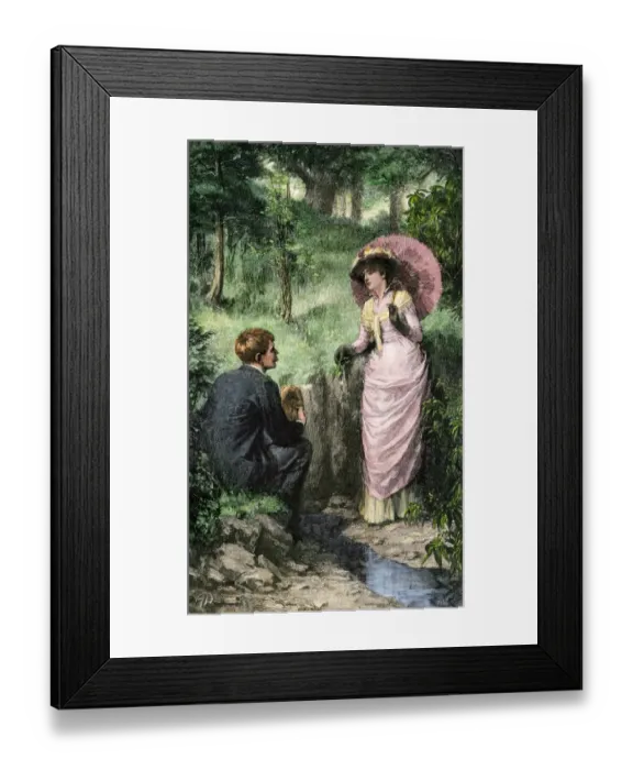 Framed Print : Courtship in a woodland setting, 1800s Framed Print : Courtship in a woodland setting, 1800s