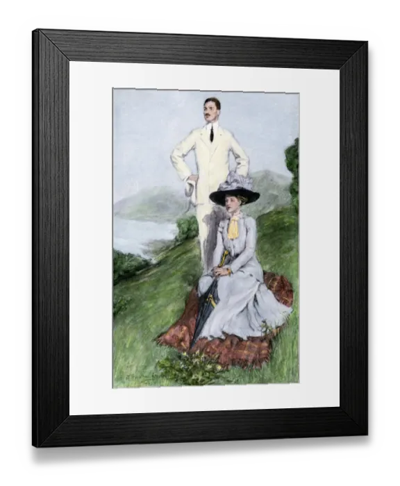 Framed Print : Fashionable couple outdoors, early 1900s Framed Print : Fashionable couple outdoors, early 1900s
